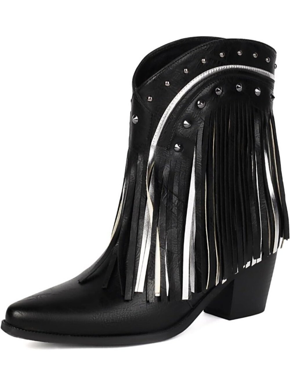 Women Black Western Ankle Bootie Pointed Toe Cowgirl Fringe Tassel Fashion Shoes